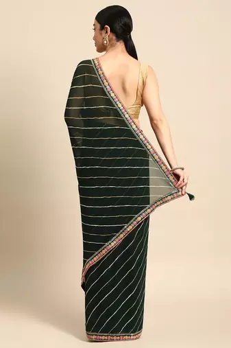 Green leheriya saree with lace border and  unstitched blouse piece