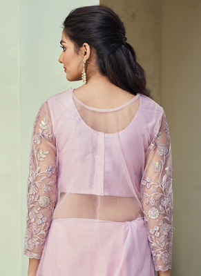 Light Lavender embroidered art silk saree with unstitched jacket 5