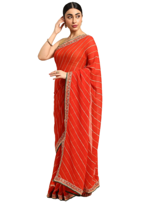 Orange leheriya saree with lace border and  unstitched blouse piece 1