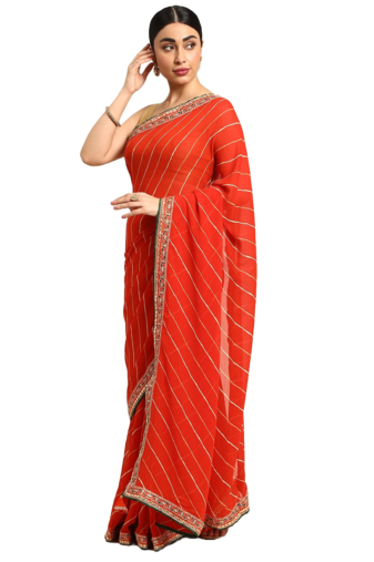 Orange leheriya saree with lace border and  unstitched blouse piece