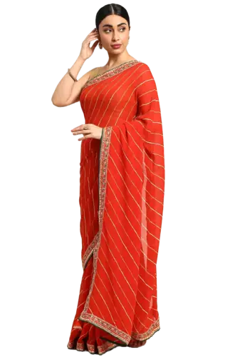 Orange leheriya saree with lace border and  unstitched blouse piece