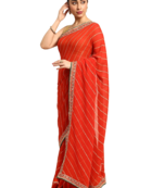 Orange leheriya saree with lace border and  unstitched blouse piece