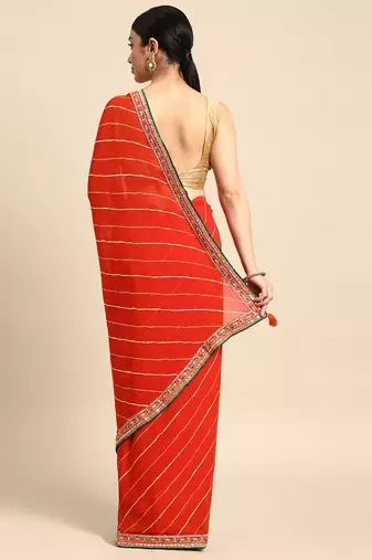 Orange leheriya saree with lace border and  unstitched blouse piece
