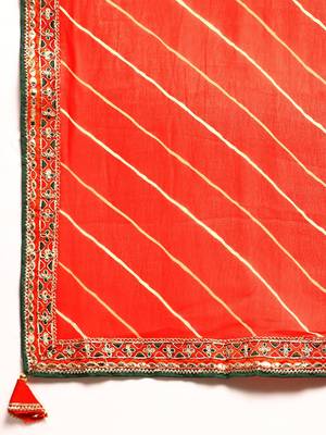 Orange leheriya saree with lace border and  unstitched blouse piece 4