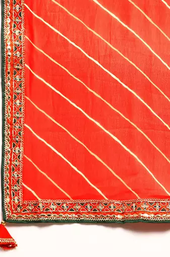 Orange leheriya saree with lace border and  unstitched blouse piece