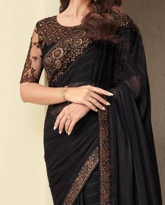 Black embroidery sequins silk pattern saree with ethnic embroidery blouse 4