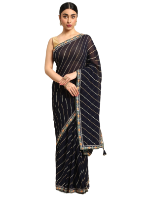 Navy blue leheriya saree with lace border and  unstitched blouse piece 1