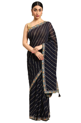 Navy blue leheriya saree with lace border and  unstitched blouse piece