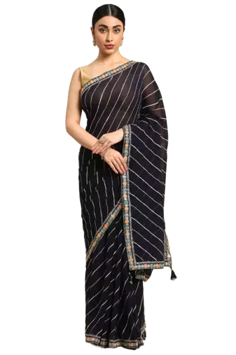 Navy blue leheriya saree with lace border and  unstitched blouse piece