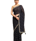 Navy blue leheriya saree with lace border and  unstitched blouse piece