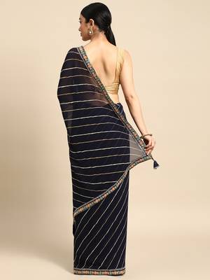 Navy blue leheriya saree with lace border and  unstitched blouse piece 2