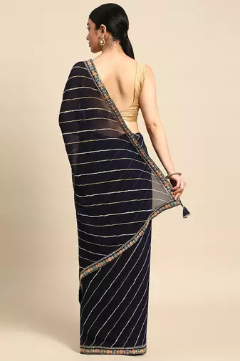 Navy blue leheriya saree with lace border and  unstitched blouse piece