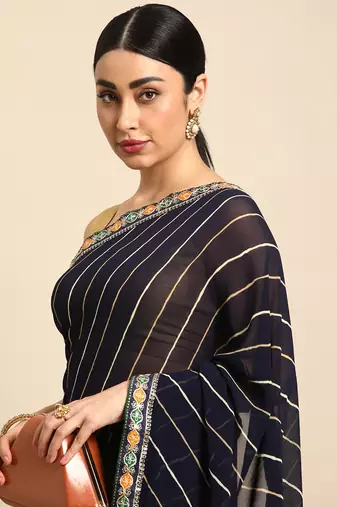 Navy blue leheriya saree with lace border and  unstitched blouse piece