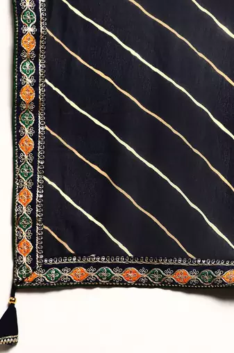 Navy blue leheriya saree with lace border and  unstitched blouse piece