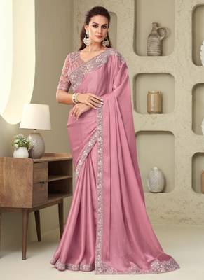 Rose pink embroidered sequins glorious silk heavy designer saree with embellished blouse 1