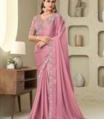 Rose pink embroidered sequins glorious silk heavy designer saree with embellished blouse