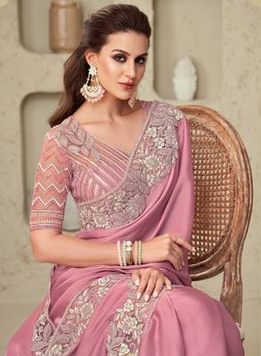 Rose pink embroidered sequins glorious silk heavy designer saree with embellished blouse 2