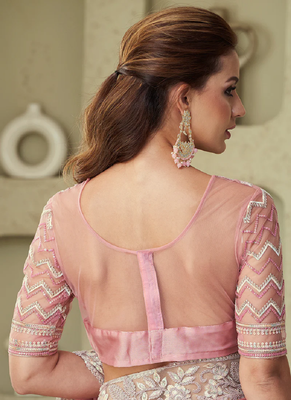 Rose pink embroidered sequins glorious silk heavy designer saree with embellished blouse 3
