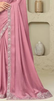 Rose pink embroidered sequins glorious silk heavy designer saree with embellished blouse 4