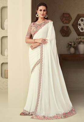 White floral embroidered shimmer silk saree with embroidered blouse 1