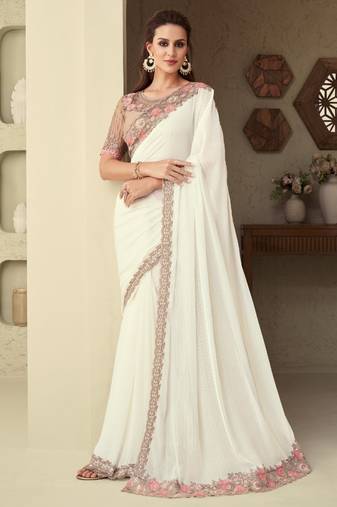 White floral embroidered shimmer silk saree with embroidered blouse