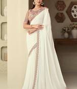 White floral embroidered shimmer silk saree with embroidered blouse