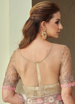 White floral embroidered shimmer silk saree with embroidered blouse 3