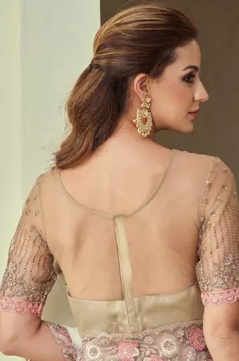 White floral embroidered shimmer silk saree with embroidered blouse