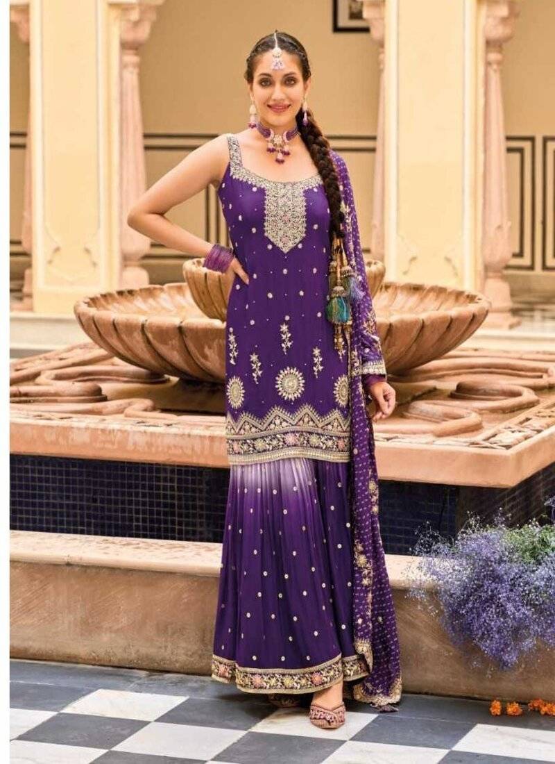 Dark purple chinon silk full stitched gharara suits