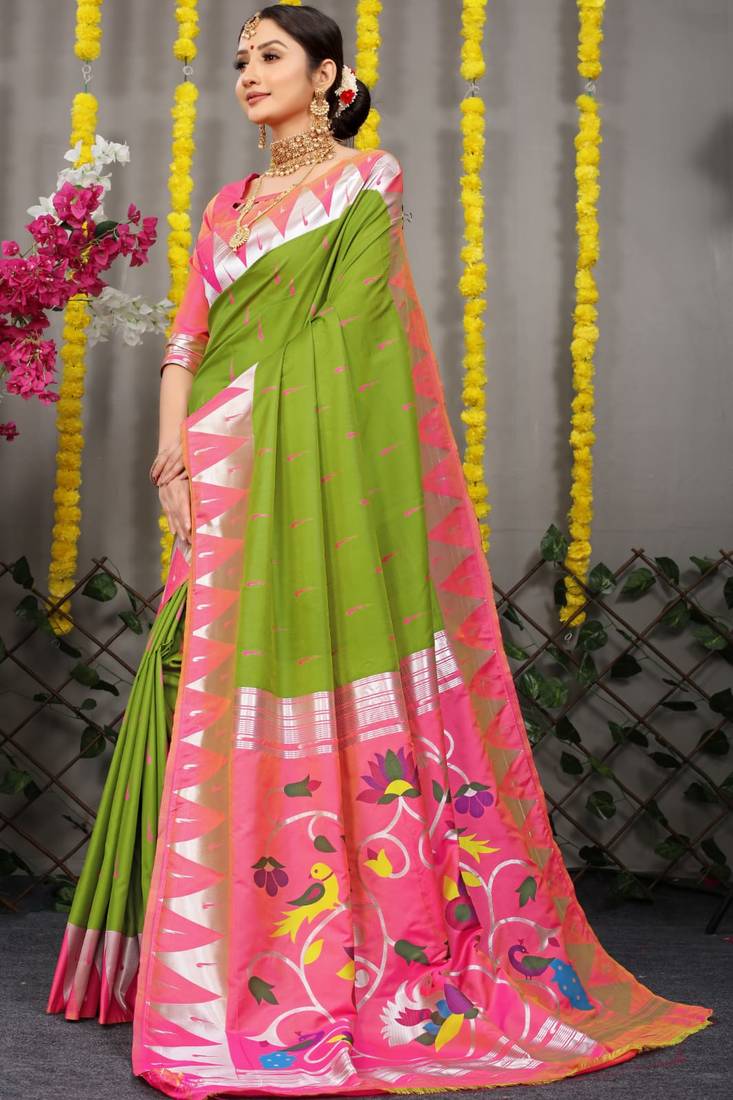 MEHNDI BEAUTIFUL ZARI WOVEN WORK PAITHANI  SAREE