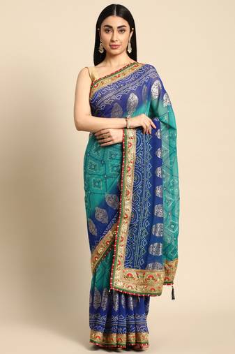 Blue  bandhani saree with lace border and unstitched blouse piece