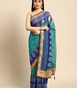 Blue  bandhani saree with lace border and unstitched blouse piece