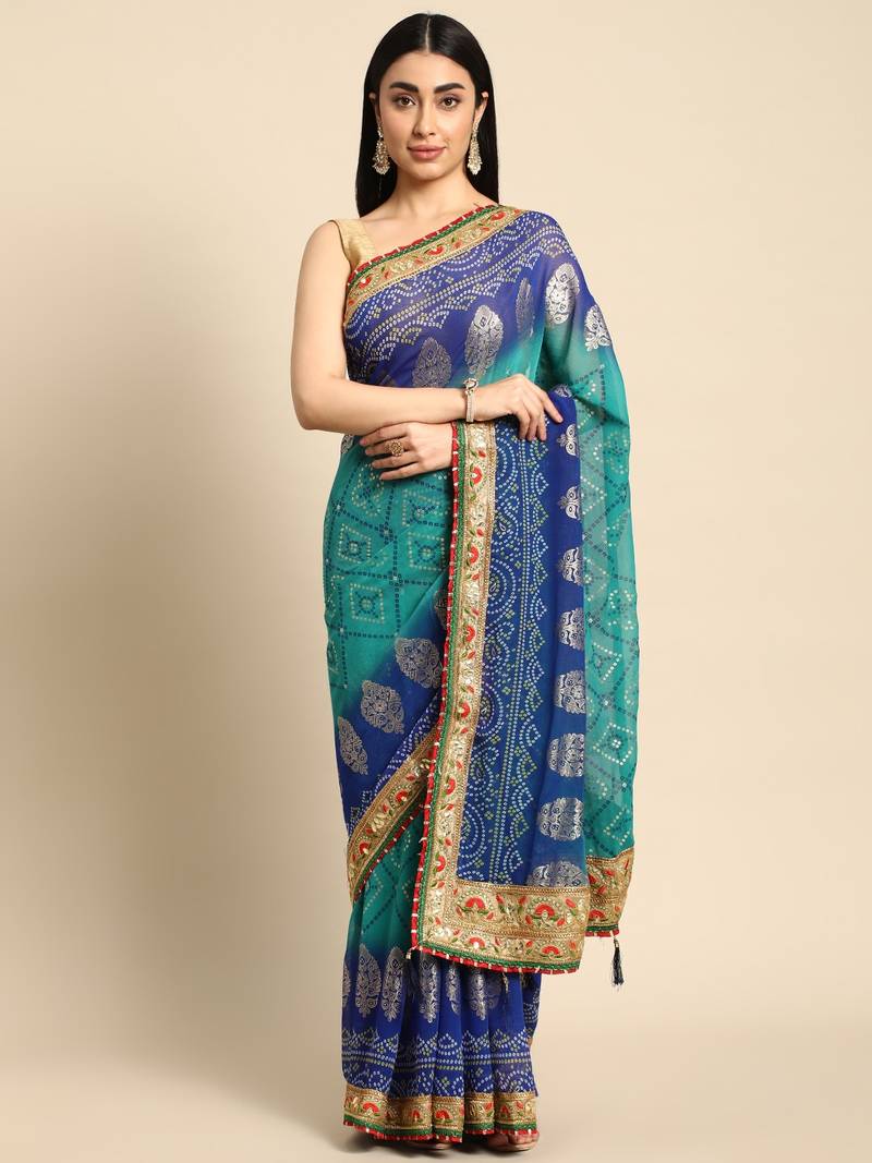Blue  bandhani saree with lace border and unstitched blouse piece