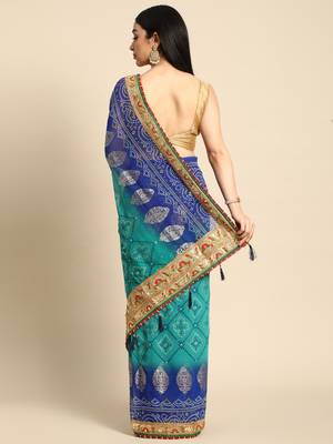 Blue  bandhani saree with lace border and unstitched blouse piece 2