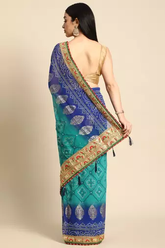 Blue  bandhani saree with lace border and unstitched blouse piece