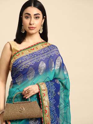 Blue  bandhani saree with lace border and unstitched blouse piece 3
