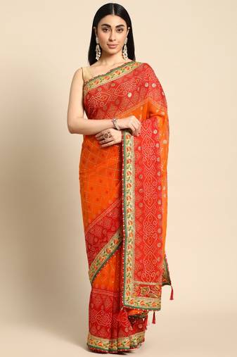 Red  bandhani saree with lace border and unstitched blouse piece