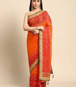 Red  bandhani saree with lace border and unstitched blouse piece