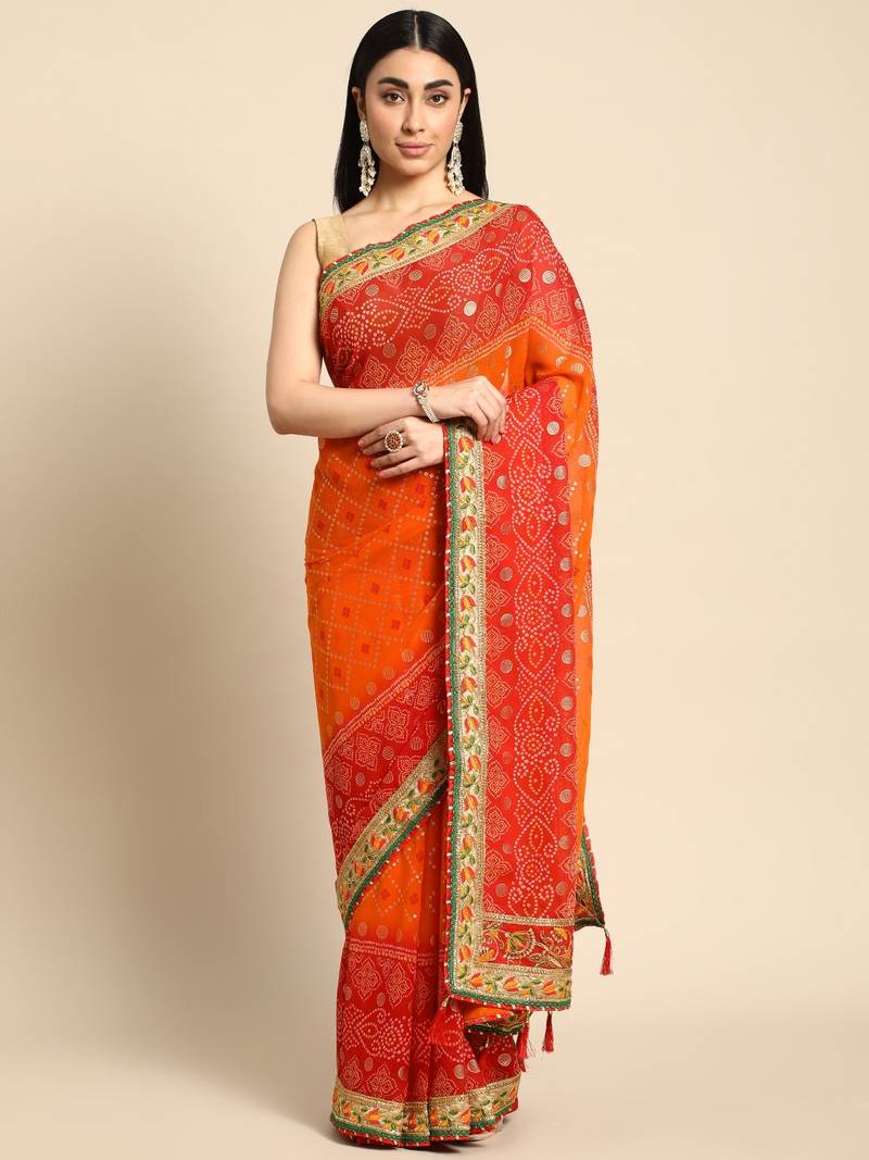 Red  bandhani saree with lace border and unstitched blouse piece