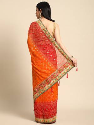 Red  bandhani saree with lace border and unstitched blouse piece 2