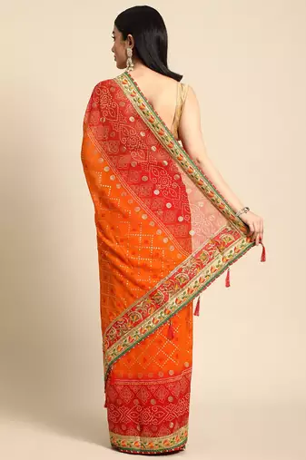 Red  bandhani saree with lace border and unstitched blouse piece