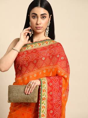 Red  bandhani saree with lace border and unstitched blouse piece 3