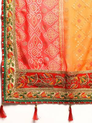 Red  bandhani saree with lace border and unstitched blouse piece 4