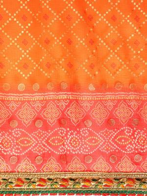 Red  bandhani saree with lace border and unstitched blouse piece 5