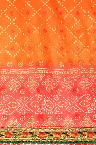 Red  bandhani saree with lace border and unstitched blouse piece