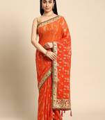 Orange bandhani saree with lace border and unstitched blouse piece