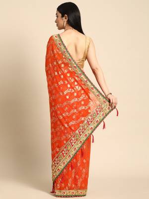 Orange bandhani saree with lace border and unstitched blouse piece 2