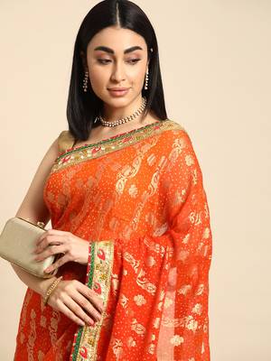 Orange bandhani saree with lace border and unstitched blouse piece 3