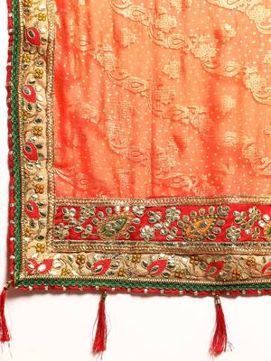 Orange bandhani saree with lace border and unstitched blouse piece 4