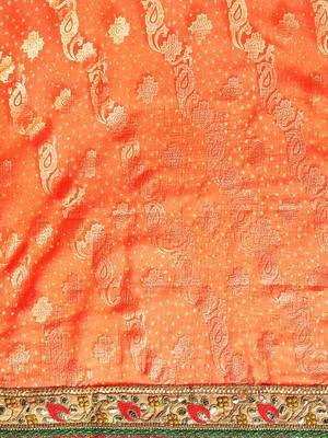 Orange bandhani saree with lace border and unstitched blouse piece 5